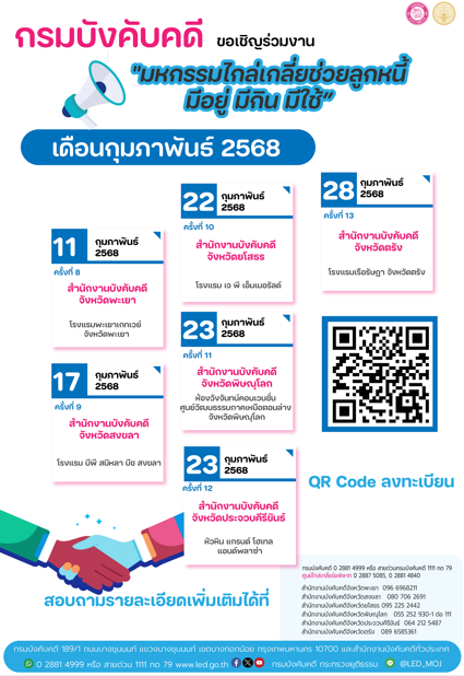 ﻿﻿กรมบังคับคดี ขอเชิญร่วมงาน มหกรรมไกล่เกลี่ยช่วยลูกหนี้ มีอยู่ มีกิน มีใช้ เดือนกุมภาพันธ์ 2568